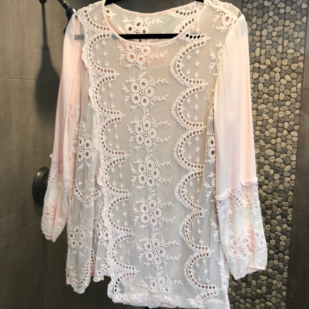 Chico’s size 2, Baby pink flower embroidered sheer blouse